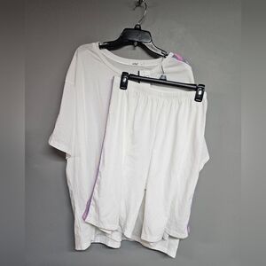 Women's Xl White Pajama Set Short Sleeve Shirt Bermuda Shorts Pink Purple Strip